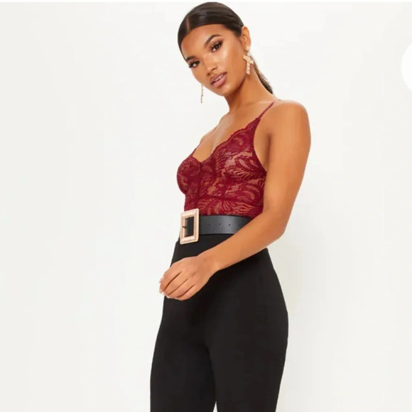 NWT PRETTY LITTLE THING LUCILLE BURGUNDY SHEER CROSSBACK LACE BODY SUIT - Picture 1 of 6